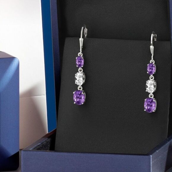 925 Sterling Silver with 5.20 Cttw 3 Stone Amethyst and White Sapphire Earrings - Picture 4 of 5